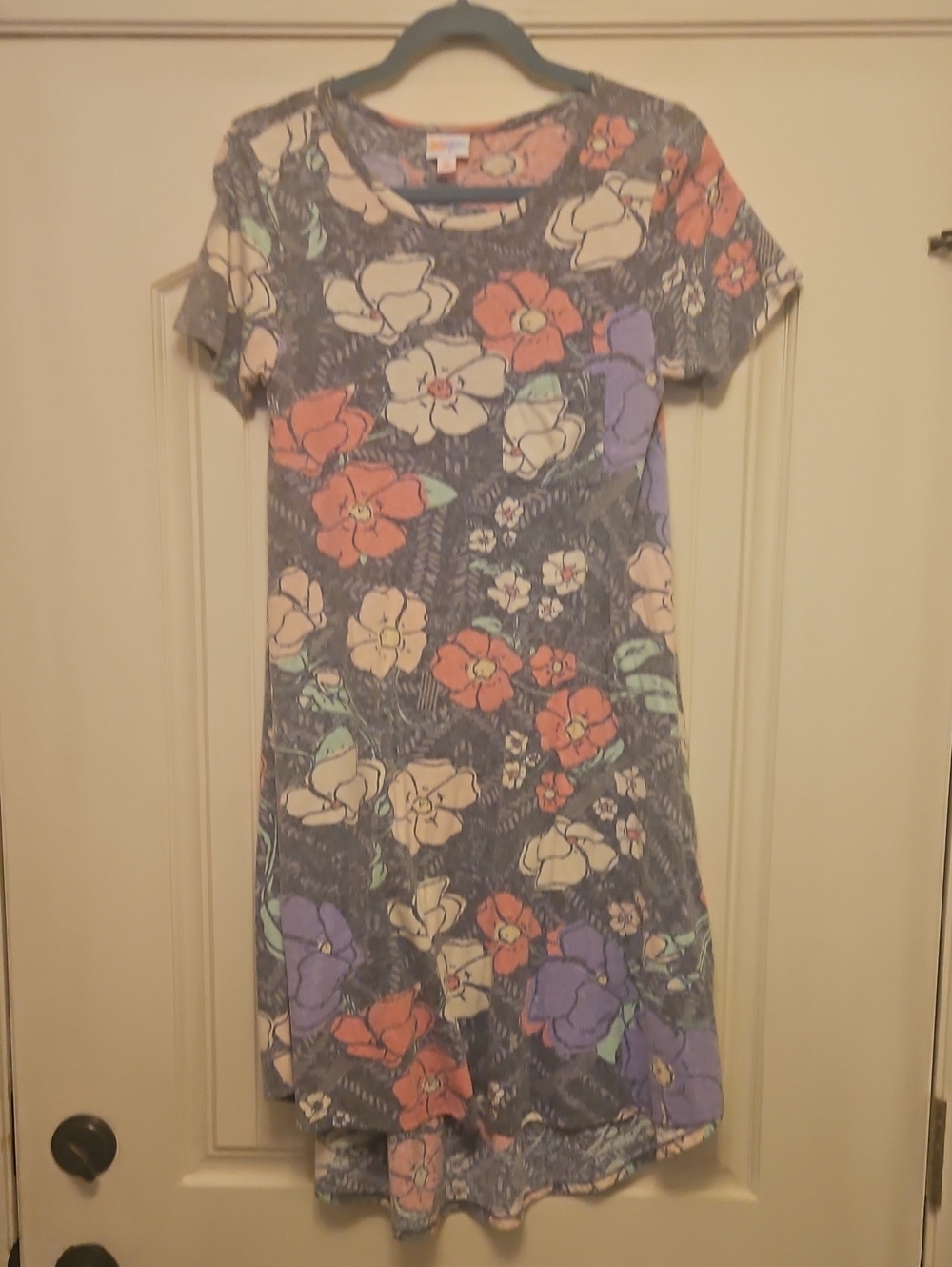 LuLaRoe Floral Maxi Dress in Gray with Coral, Lavender and Cream Blooms